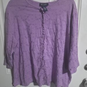 Denim & Co Lavender Button-Front Embroidered Floral Women’s Top Size 2X